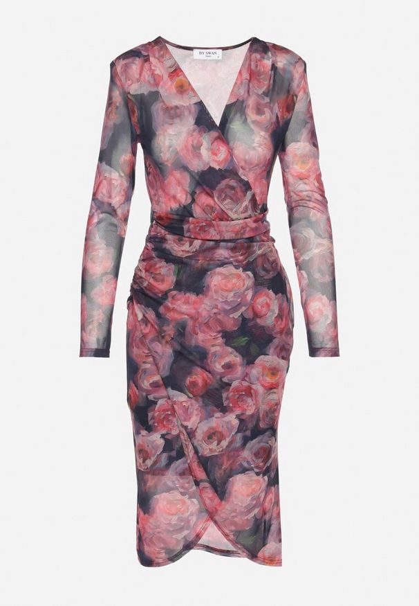 Born2be - Czarno-Czerwona Sukienka Siateczkowa z Wiskozą o Kopertowym Kroju z Marszczeniem Bolsela. Okazja: na wesele, na imprezę, na randkę, na ślub cywilny. Kolor: czerwony. Materiał: wiskoza. Typ sukienki: kopertowe. Styl: klasyczny, elegancki