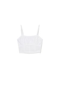 Cropp - Biały crop top - Biały. Typ kołnierza: dekolt gorset. Kolor: biały. Materiał: bawełna, tkanina. Długość rękawa: na ramiączkach. Długość: krótkie. Wzór: ażurowy #1