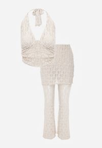 Renee - Beżowy Komplet z Koronki Top Halter i Spodnie Zdobione Wszytą Spódnicą Celanix. Kolor: beżowy. Materiał: koronka. Wzór: aplikacja, koronka #3