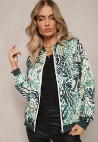 Renee - Zielona Bluza w Stylu Bomberki Ozdobiona Abstrakcyjnym Wzorem Terenika. Kolor: zielony. Materiał: tkanina. Wzór: aplikacja #5