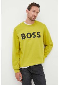 BOSS bluza bawełniana męska kolor zielony z nadrukiem. Kolor: zielony. Materiał: bawełna. Wzór: nadruk. Styl: klasyczny
