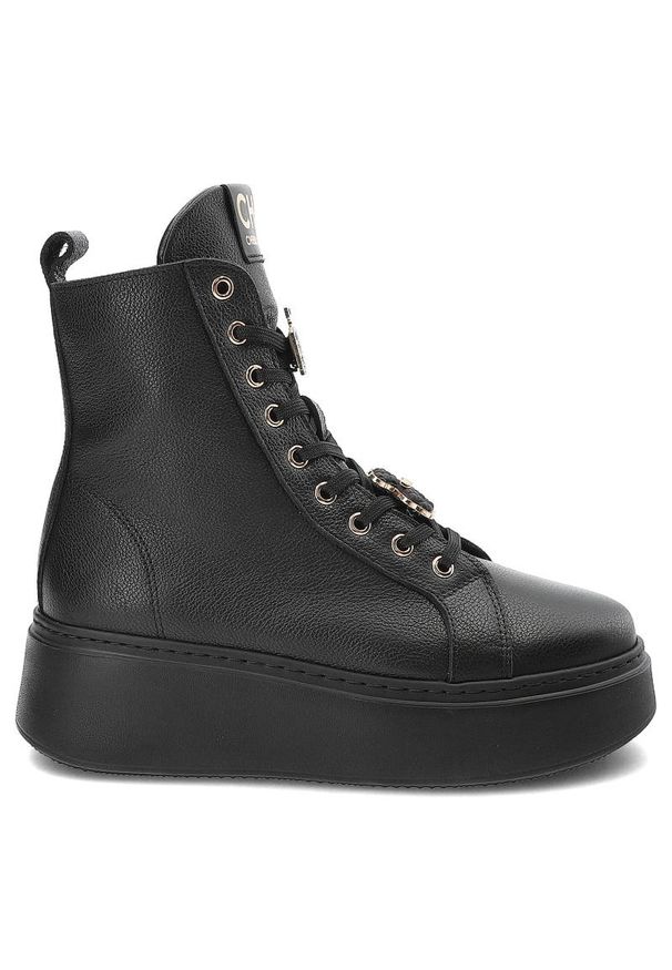 Czarne Botki CheBello Skórzane Buty Damskie. Okazja: na co dzień. Zapięcie: sznurówki. Kolor: czarny. Materiał: skóra. Szerokość cholewki: normalna. Styl: casual