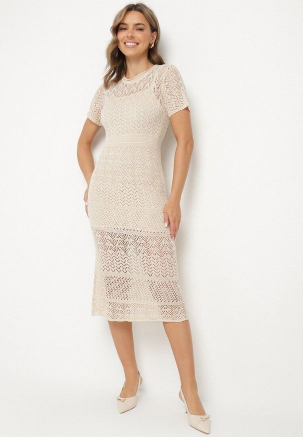 Born2be - Beżowa Ażurowa Sukienka z Wiskozą Zoriena. Okazja: na co dzień. Kolor: beżowy. Materiał: wiskoza. Długość rękawa: na ramiączkach. Wzór: ażurowy. Typ sukienki: proste. Styl: boho, elegancki, casual