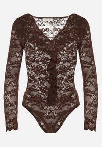 Born2be - Brązowe Koronkowe Body z Falbanką Vidane. Okazja: na co dzień. Kolor: brązowy. Materiał: koronka. Wzór: aplikacja. Styl: klasyczny, casual, elegancki #4