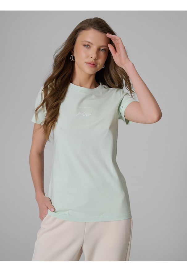 4f - 4F T-shirt slim z nadrukiem damski - miętowy XS. Okazja: na co dzień. Kolor: turkusowy. Materiał: materiał, jeans. Wzór: nadruk. Styl: casual