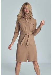 Figl - Koszulowa Sukienka z Kieszeniami Zapinana na Zatrzaski - Brązowa. Kolor: brązowy. Materiał: poliester, wiskoza. Typ sukienki: koszulowe #1