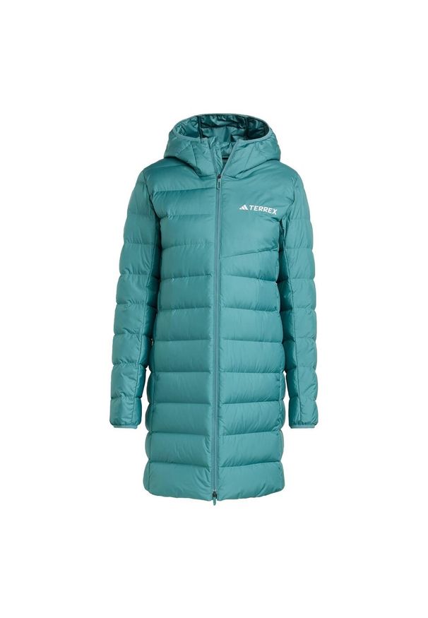Adidas - Parka Terrex Multi Light Down Hooded 2.0. Kolor: niebieski. Materiał: puch. Technologia: ClimaWarm (Adidas). Sport: turystyka piesza