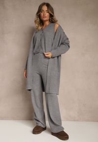 Renee - Szary Komplet z Dzianiny z Wełną Długi Kardigan Spodnie i Kamizelka Otizane. Kolekcja: plus size. Kolor: szary. Materiał: wełna, dzianina. Wzór: aplikacja