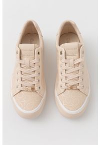 Calvin Klein tenisówki damskie kolor beżowy. Nosek buta: okrągły. Zapięcie: sznurówki. Kolor: beżowy. Materiał: materiał, włókno, guma