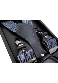 Modini - Szelki męskie w biało-granatowe paski/jodełkę SZ117. Kolor: biały, wielokolorowy, niebieski. Materiał: skóra, guma. Wzór: paski, jodełka #1