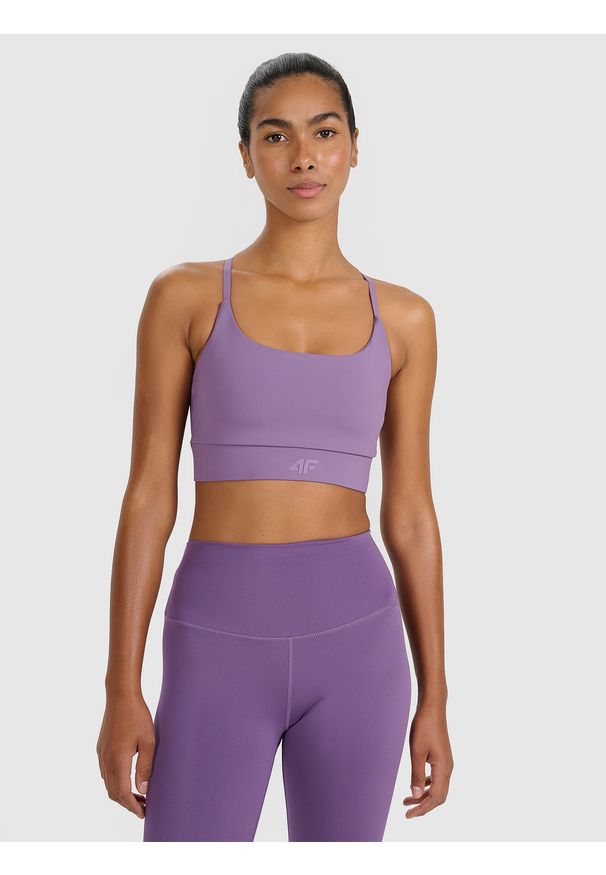 4f - 4F Biustonosz treningowy z niskim wsparciem - różowy L. Kolor: różowy. Materiał: elastan, włókno, syntetyk, materiał, guma, jersey. Rodzaj stanika: wyciągane miseczki. Wzór: gładki, ze splotem. Sport: fitness, joga i pilates