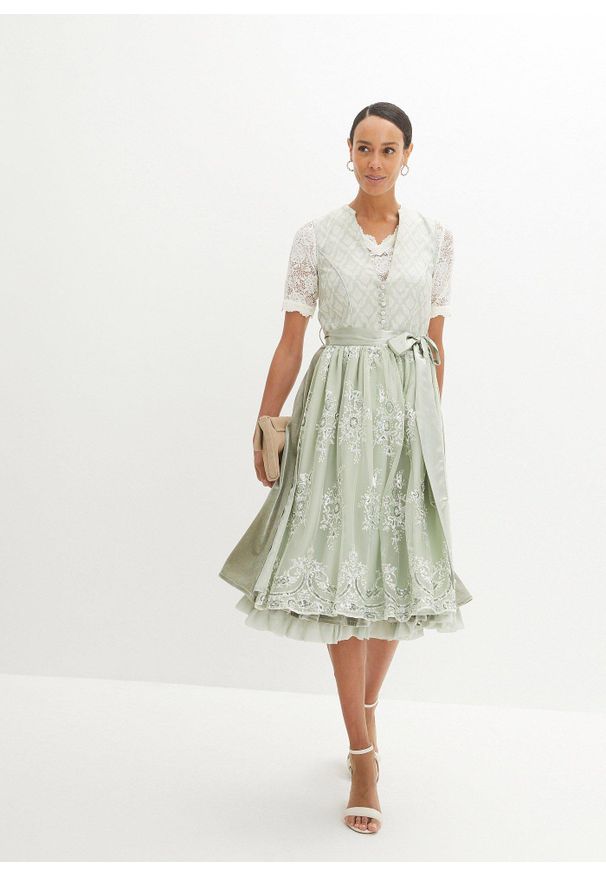 bonprix - Krótka bluzka koronkowa w ludowym stylu, z guzikiem. Kolor: biały. Materiał: koronka. Długość rękawa: krótki rękaw. Długość: krótkie. Wzór: kwiaty, koronka