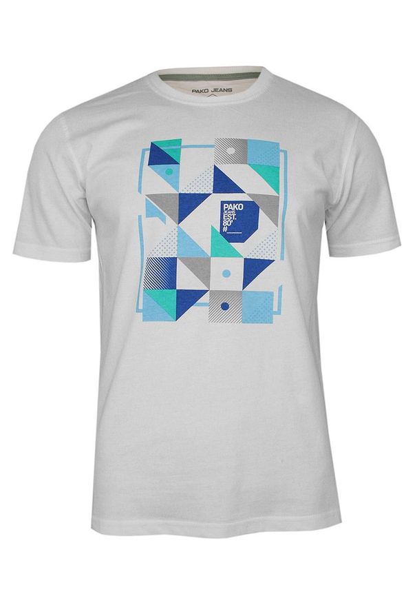 Pako Jeans - Biały Bawełniany T-Shirt -PAKO JEANS- Męski, Okrągły Dekolt, Krótki Rękaw, z Motywem Geometrycznym. Okazja: na co dzień. Kolor: niebieski. Materiał: bawełna. Długość rękawa: krótki rękaw. Długość: krótkie. Wzór: geometria. Styl: casual