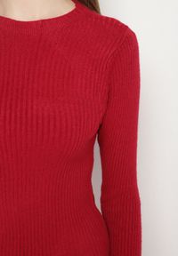 Born2be - Bordowa Dopasowana Sukienka z Prążkowanej Dzianiny z Bawełną Tesmera. Okazja: na co dzień, do pracy, na spotkanie biznesowe. Kolor: czerwony. Materiał: prążkowany, bawełna, dzianina. Styl: biznesowy, casual #2