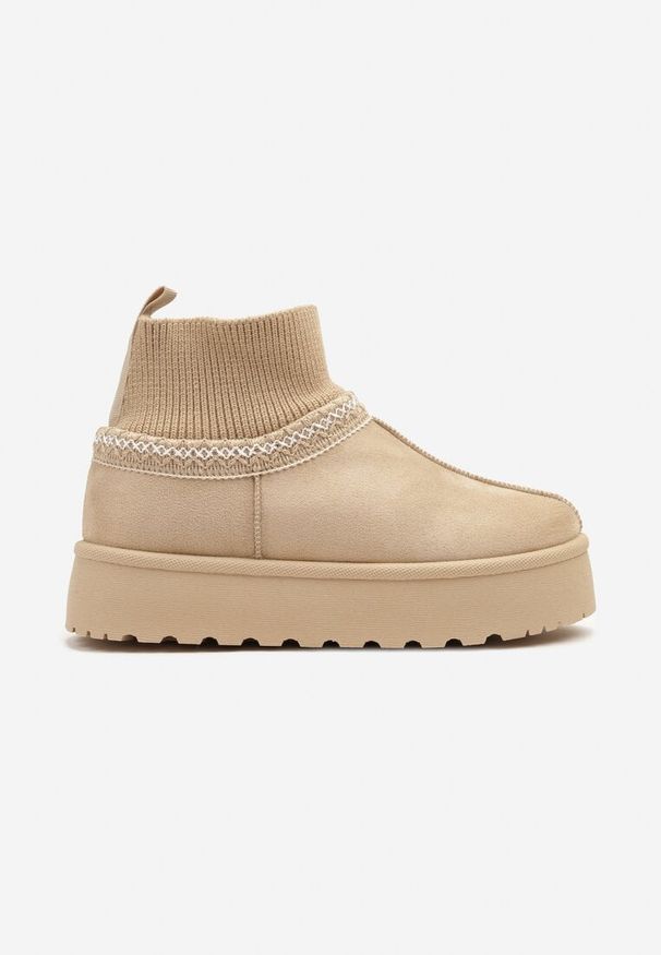 Born2be - Beżowe Śniegowce na Grubej Podeszwie z Elastyczną Cholewką Nilevelia. Okazja: na co dzień. Kolor: beżowy. Materiał: jeans, dzianina. Szerokość cholewki: normalna. Wzór: aplikacja. Styl: casual