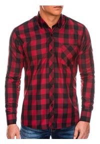 Ombre Clothing - Koszula męska w kratę z długim rękawem K282 - czerwono-czarna - L. Kolor: czerwony. Materiał: poliester, bawełna. Długość rękawa: długi rękaw. Długość: długie. Styl: klasyczny