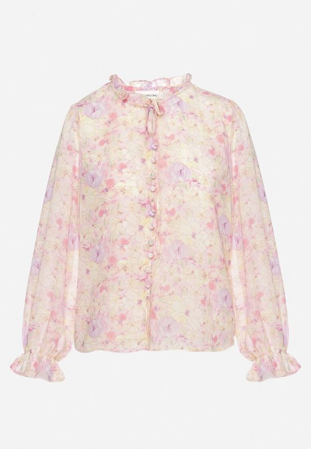 Born2be - Różowa Koszula z Delikatnym Kwiatowym Wzorem i Wiązaniem Przy Dekolcie Viralla. Kolor: różowy. Wzór: kwiaty. Styl: elegancki, retro