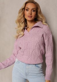 Renee - Fioletowy Sweter z Dekoltem w Serek i Ozdobnym Splotem Travissa. Typ kołnierza: dekolt w serek. Kolor: fioletowy. Wzór: ze splotem. Styl: elegancki #4