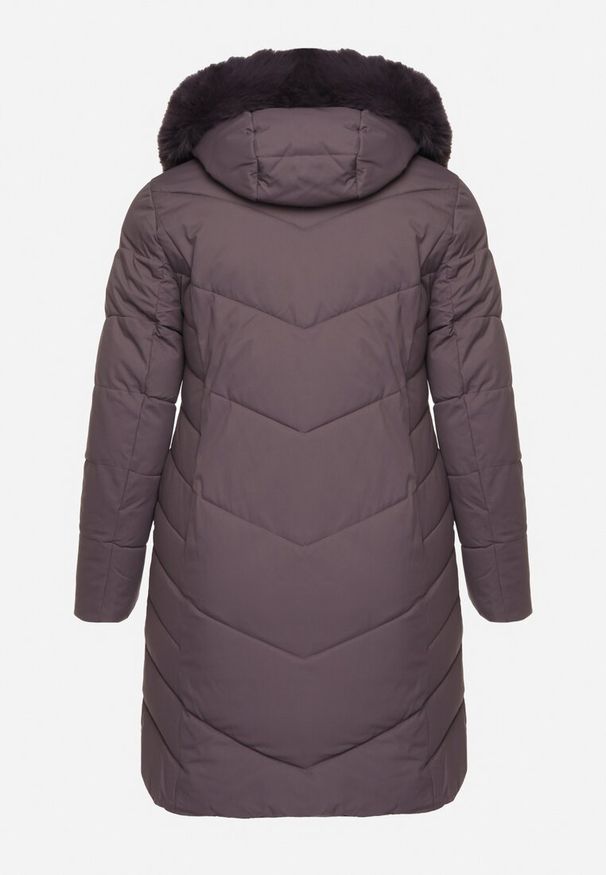 Born2be - Fioletowa Długa Pikowana Kurtka z Kapturem i Odpinanym Kołnierzem Zerizia. Okazja: na co dzień. Typ kołnierza: kaptur. Kolor: fioletowy. Materiał: jeans. Długość: długie. Sezon: jesień, zima. Styl: elegancki, casual