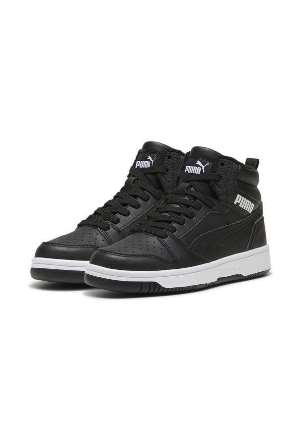 Buty do chodzenia dla dzieci Puma Rebound V6 Mid Wtr J. Zapięcie: sznurówki. Kolor: biały, wielokolorowy, czarny. Materiał: materiał, syntetyk, tkanina. Szerokość cholewki: normalna. Sport: turystyka piesza
