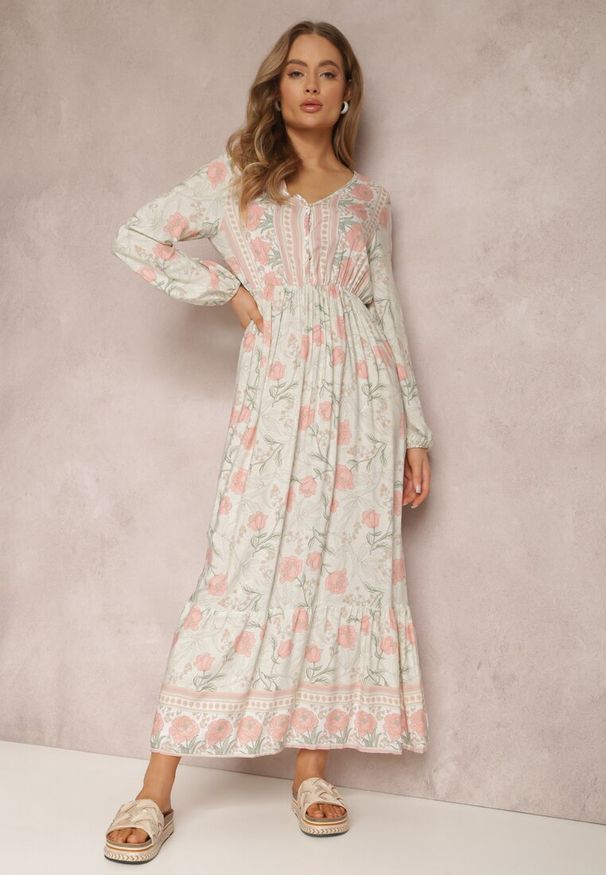 Renee - Miętowa Sukienka Hyrope. Kolor: miętowy. Materiał: wiskoza, skóra. Długość rękawa: długi rękaw. Wzór: kwiaty. Typ sukienki: koszulowe. Styl: klasyczny. Długość: maxi