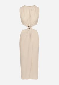 Born2be - Beżowa Sukienka Rozkloszowana z Wycięciami w Talii z Metaliczną Ozdobą Galetia. Kolor: beżowy. Wzór: aplikacja. Styl: klasyczny, elegancki #5