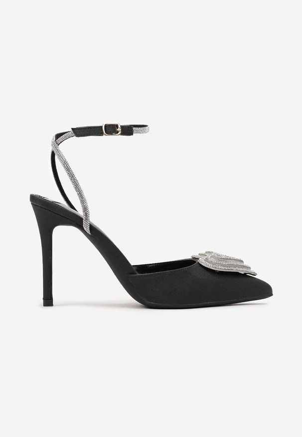 Born2be - Czarne Błyszczące Sandały na Szpilce z Ozdobnym Serduszkiem i Cyrkoniami Vifranc. Kolor: czarny. Wzór: aplikacja. Obcas: na szpilce. Styl: wizytowy