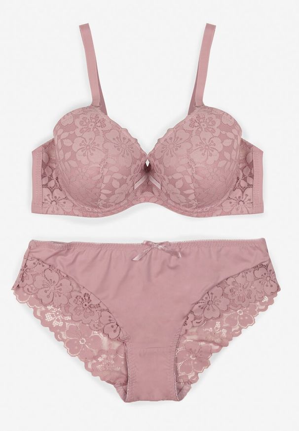 Renee - Jasnofioletowy Koronkowy Komplet Biustonosz i Majtki Figi w Klasycznym Stylu Ezirene. Kolor: fioletowy. Materiał: koronka. Wzór: aplikacja, koronka