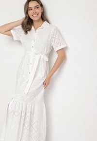 Born2be - Biała Bawełniana Sukienka Haftowana o Koszulowym Kroju z Wiązanym Paskiem Efrora. Okazja: na co dzień, na imprezę, na spacer. Kolor: biały. Materiał: bawełna. Długość rękawa: krótki rękaw. Wzór: haft. Typ sukienki: koszulowe. Styl: casual, elegancki #3