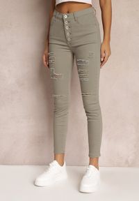Renee - Ciemnobeżowe Jeansy Skinny z Wysokim Stanem Yholo. Stan: podwyższony. Kolor: zielony. Styl: klasyczny
