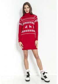 e-margeritka - Sukienka świąteczna swetrowa z golfem czerwona - xs. Typ kołnierza: golf. Kolor: czerwony. Materiał: akryl, materiał. Wzór: ze splotem, aplikacja. Sezon: zima. Typ sukienki: dopasowane. Styl: wizytowy