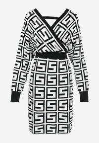 Born2be - Biała Sukienka Wełniana w Geometryczny Wzór Itasoi. Typ kołnierza: dekolt kopertowy. Kolor: biały. Materiał: wełna. Wzór: geometria. Typ sukienki: kopertowe. Długość: mini #6
