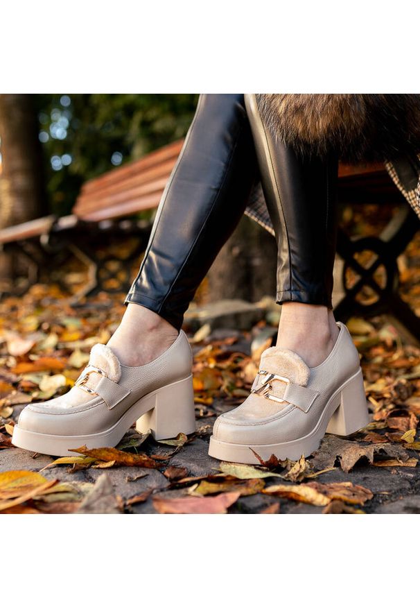 Beżowe Półbuty Lemar Wygodne Skórzane Buty. Kolor: beżowy. Materiał: skóra. Obcas: na obcasie. Wysokość obcasa: średni