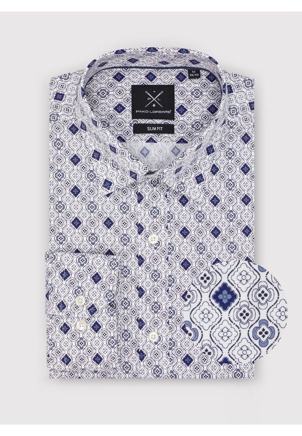Pako Lorente - PAKO LORENTE – Męska koszula w kolorze białym w granatowy wzór. Typ kołnierza: kołnierzyk klasyczny. Kolor: niebieski, wielokolorowy, biały. Materiał: bawełna, elastan. Długość rękawa: długi rękaw. Długość: długie. Styl: klasyczny