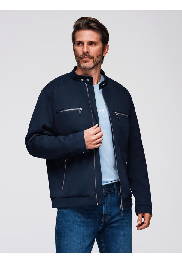 Ombre Clothing - Męska kurtka typu biker ze stójką i kieszeniami – granatowa V1 - Rozmiar: L. Okazja: na co dzień. Typ kołnierza: kołnierzyk stójkowy. Kolor: niebieski. Materiał: syntetyk, tkanina, poliester, materiał. Wzór: ze splotem. Styl: casual