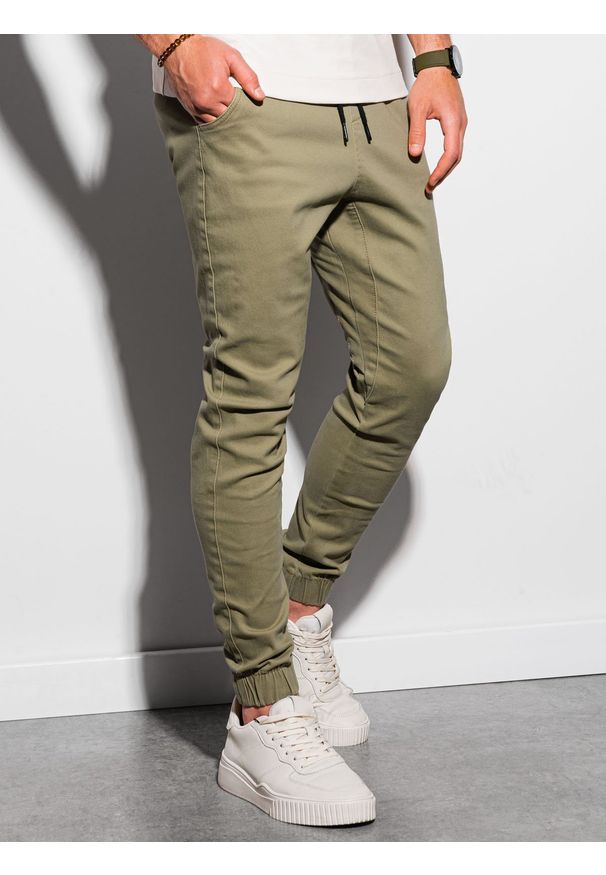 Ombre Clothing - Spodnie męskie joggery - oliwkowe V14 P885 - XXL. Kolor: oliwkowy. Materiał: bawełna, elastan. Styl: klasyczny