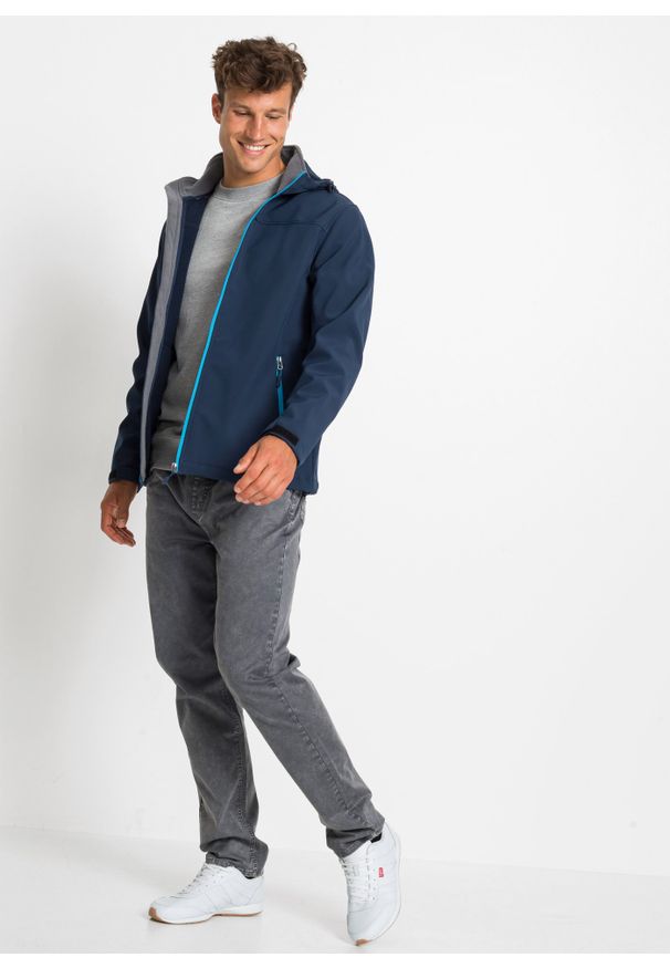 bonprix - Kurtka softshell w wygodnym fasonie. Kolor: niebieski. Materiał: softshell. Długość: długie