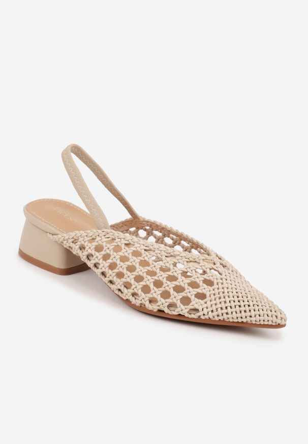 Renee - Ciemnobeżowe Czółenka VICES w typie Slingback z Ażurową Plecioną Cholewką na Słupku Chelvianna. Zapięcie: pasek. Kolor: beżowy. Materiał: satyna. Szerokość cholewki: normalna. Wzór: ażurowy. Obcas: na słupku