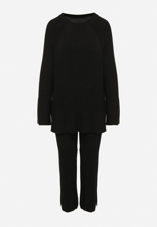 Born2be - Czarny Komplet Dzianinowy z Wiskozą Sweter i Spodnie z Gumką w Pasie i Rozcięciami Malwiya. Kolor: czarny. Materiał: wiskoza, dzianina