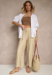 Renee - Beżowe Spodnie z Wiskozy High Waist o Szerokim Kroju Divlise. Okazja: na co dzień. Stan: podwyższony. Kolor: beżowy. Materiał: wiskoza. Styl: elegancki, casual