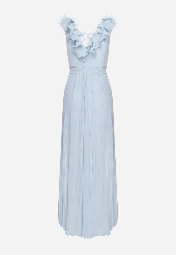 Born2be - Niebieski Plisowany Kombinezon Koktajlowy Ozdobiony Falbanami z Szerokimi Nogawkami Frelfrea. Kolor: niebieski. Materiał: materiał. Wzór: aplikacja. Styl: wizytowy