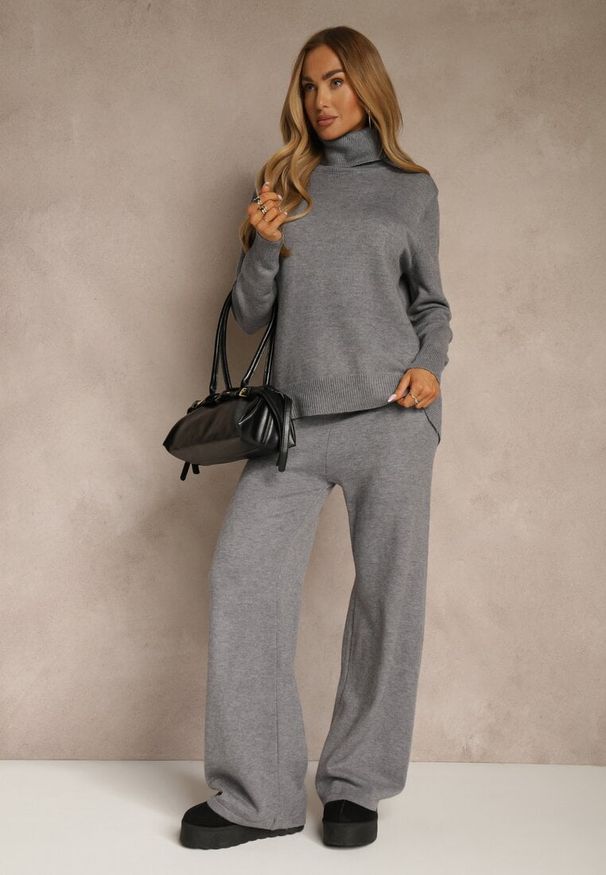 Renee - Ciemnoszary Komplet Dzianinowy z Wełną i Bawełną Szerokie Spodnie i Golf Lennria. Kolor: szary. Materiał: dzianina, bawełna, wełna