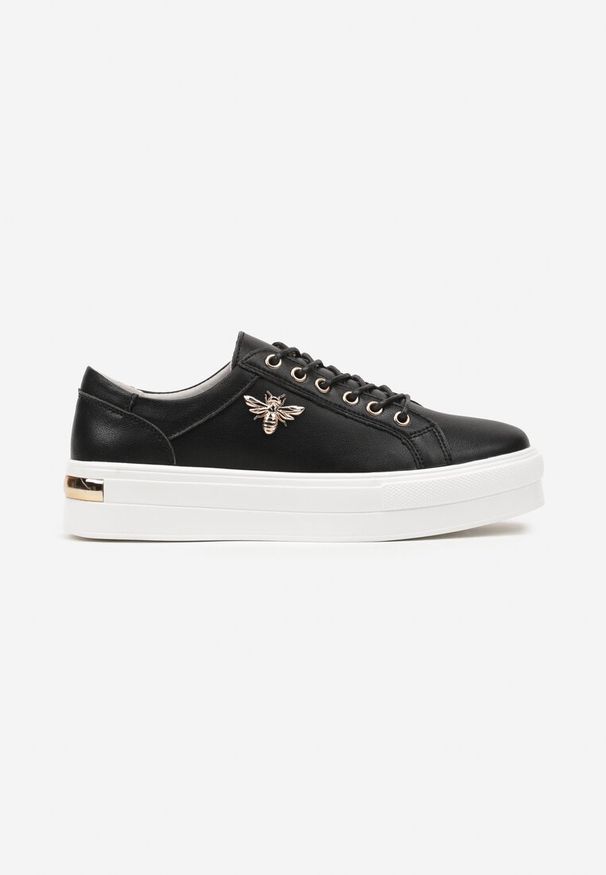 Born2be - Biało-Czarne Sneakersy ze Skóry na Grubej Podeszwie z Metaliczną Ozdobą Orlianse. Okazja: na co dzień. Kolor: biały. Materiał: skóra. Wzór: aplikacja