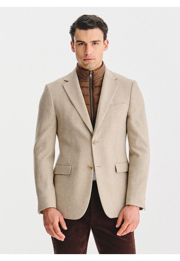 Pako Lorente - PAKO LORENTE - Beżowa marynarka męska z odpinaną stójką. Okazja: na co dzień. Typ kołnierza: kołnierzyk stójkowy. Kolor: beżowy. Materiał: wełna, poliester. Sezon: jesień. Styl: casual