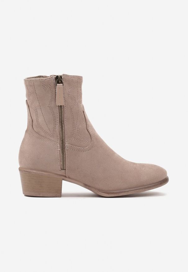 Born2be - Beżowe Botki na Obcasie w Stylu Kowbojek z Ozdobnym Suwakiem Reathirae. Kolor: beżowy. Obcas: na obcasie. Styl: elegancki. Wysokość obcasa: średni