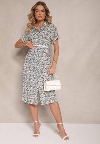 Renee - Niebieska Sukienka z Bawełny w Print Paisley o Koszulowym Kroju Celluria. Okazja: na spacer. Typ kołnierza: dekolt w kształcie V. Kolor: niebieski. Materiał: bawełna. Długość rękawa: krótki rękaw. Wzór: paisley, nadruk. Typ sukienki: koszulowe #3