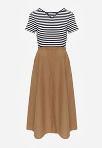 Born2be - Niebieska Rozkloszowana Sukienka z Bawełny Imitująca Bluzkę w Paski i Spódnicę Chathusa. Okazja: na co dzień. Kolor: niebieski. Materiał: bawełna. Wzór: paski. Sezon: lato. Typ sukienki: rozkloszowane, proste. Styl: casual, klasyczny #3