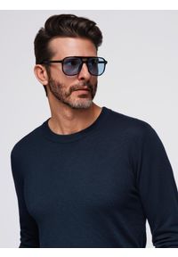 Ombre Clothing - Męski sweter z okrągłym dekoltem z elastycznej dzianiny o klasycznym splocie - granatowy V1 - Rozmiar: L. Okazja: na co dzień. Kolor: niebieski. Materiał: dzianina. Wzór: ze splotem. Styl: klasyczny