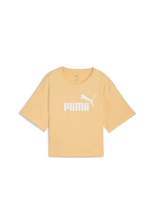 Puma - Damska luźna koszulka z logo NO.1 ESS Cropped PUMA Almost Apricot Orange. Kolor: żółty, pomarańczowy, wielokolorowy. Materiał: jeans. Wzór: nadruk