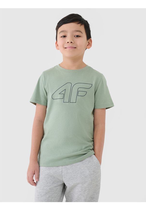 4f - 4F T-shirt z nadrukiem chłopięcy - turkusowy 122 (6-7 lat). Okazja: na co dzień. Kolor: turkusowy. Materiał: bawełna, dzianina, jersey. Długość rękawa: krótki rękaw. Długość: krótkie. Wzór: nadruk. Sezon: lato. Styl: casual, sportowy, klasyczny